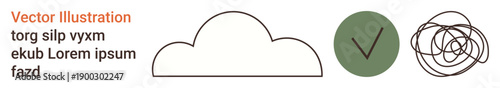 Technology, approval, decision-making, connection, networking, brainstorming. Minimalist cloud, green check mark tangled line. Technology and approval through simple icons