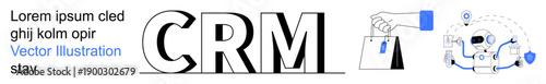 Customer relationship management, online shopping, marketing strategy, workflow automation, business growth, sales optimization. Bold CRM text, shopping bag and interconnected icons. Customer