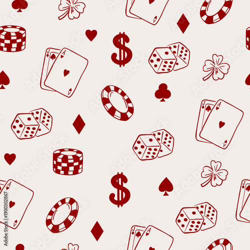 Seamless hand drawn casino pattern with gambling symbols. Vintage doodle style vector illustration.