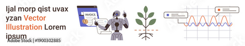 Artificial intelligence, automation, technology development, financial management, sustainability, data visualization. Robot interacting with invoice, plant and data graph. Artificial intelligence