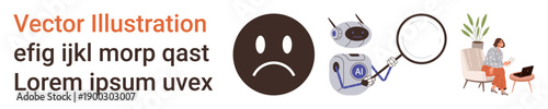 Artificial intelligence, emotional analysis, work from home, technology, productivity, modern communication. Sad face emotion, robot examining with magnifying glass remote worker on laptop. AI
