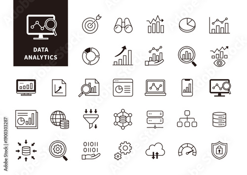 データ分析や統計の可視化を表現したビジネスアイコンセット（モノクロ線画）