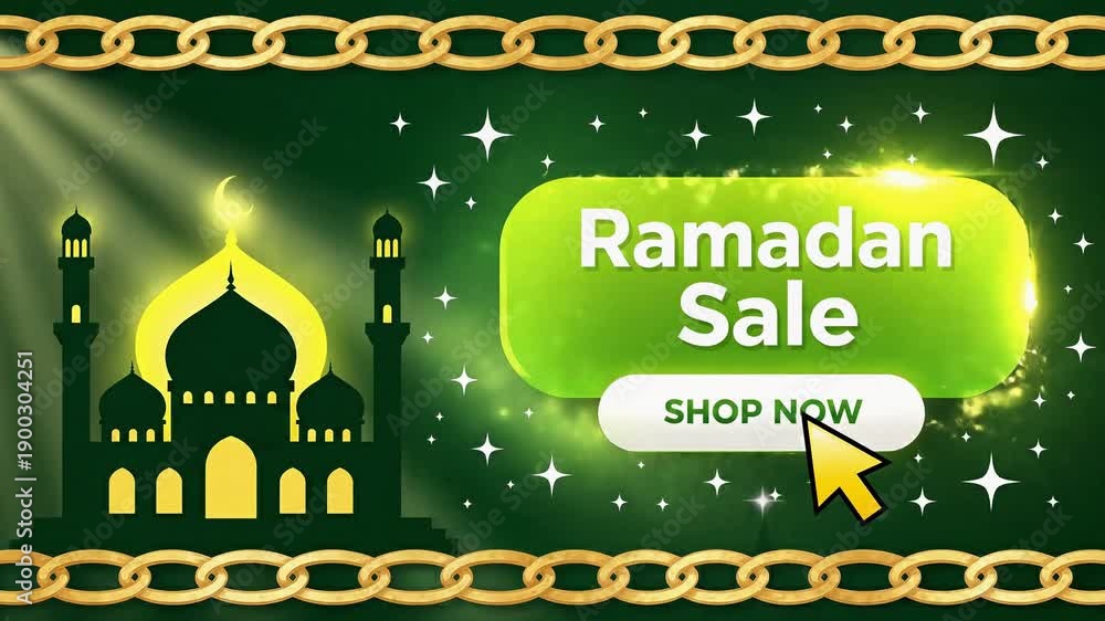 custom made wallpaper toronto digitalRamadan sale banner with shop now and green mosque silhouette and glowing light effects plus golden chain frame for holiday shopping and retail events