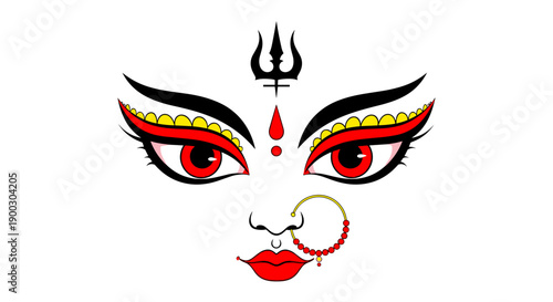 Powerful divine feminine face of goddess durga with third eye traditional indian religious symbolism fierce expression red eyes gold accents and nose