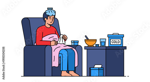 Person feeling unwell with cold or flu symptoms wrapped in blanket ice pack on head sitting in armchair with medicine and thermometer nearby