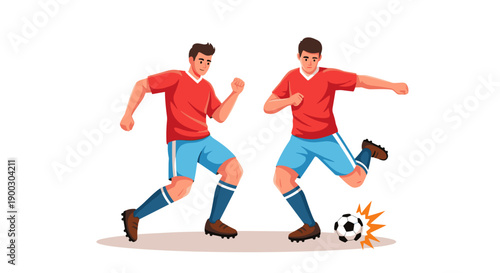 Dynamic duo of soccer players in matching red jerseys and blue shorts engaged in energetic football action one dribbling with intense focus the other
