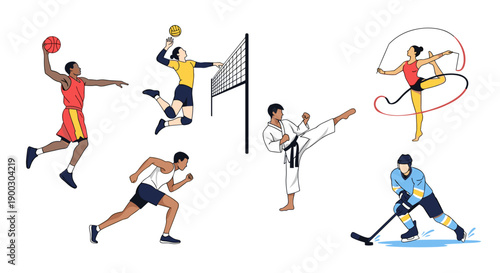 Diverse group of athletes engaged in various sports activities like basketball volleyball running martial arts rhythmic gymnastics and ice hockey