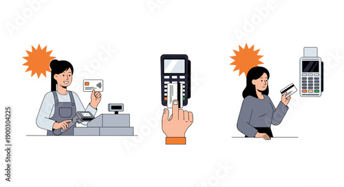 Vector illustration of contactless payment methods showing a cashier with credit card a hand inserting card into terminal and a customer paying