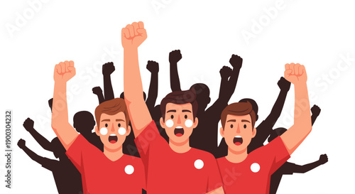 Excited sports fans in red shirts celebrating a victory with raised fists and open mouths showcasing strong team spirit and passionate crowd energy