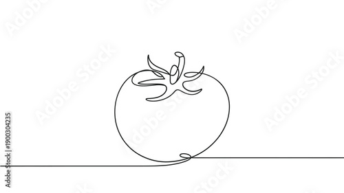 Minimalist single line drawing of a ripe tomato with stem and leaf