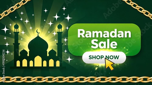 Wallpaper Mural Special Ramadan sale offer display with shop now and mosque icon and sparkling stars on dark green backdrop framed by elegant golden chains for retail Torontodigital.ca