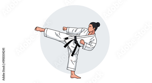 Dynamic karate woman performing high side kick in traditional gi with black belt demonstrating martial arts discipline and athleticism in a clean