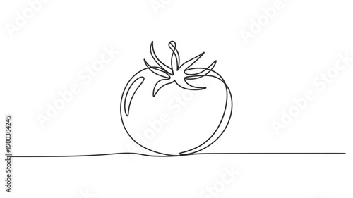 Minimalist one line drawing of a ripe tomato with a stem and leaves