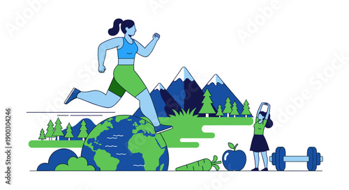 Active woman running across stylized globe with mountains and trees embodying global health fitness and eco conscious lifestyle choices with healthy
