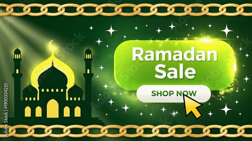 Wallpaper Mural Ramadan sale banner with shop now and green mosque silhouette and glowing light effects plus golden chain frame for holiday shopping and retail events Torontodigital.ca