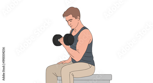 Man with muscular arms performing seated dumbbell bicep curls with focus and determination demonstrating strength training and upper body workout