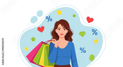 Happy woman with shopping bags enjoys a sale event surrounded by colorful hearts and percentage signs symbolizing discounts and consumerism in a vibrant