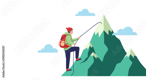 Determined person with backpack ascends steep green mountain peak using ice axe overcoming challenge with focus and perseverance against cloudy sky