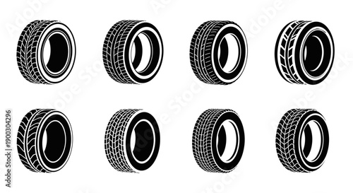 Collection of eight isolated black and white car tire icons with diverse tread patterns showcasing automotive rubber components in a clean graphic
