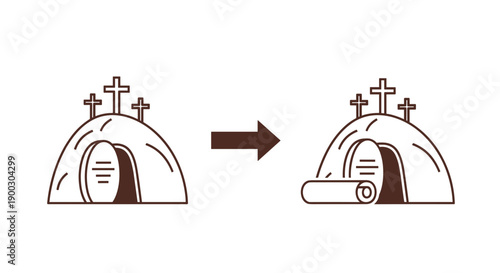 Empty tomb with stone rolled away and three crosses on a hill symbolizing resurrection and new beginnings presented in a clean vector illustration style