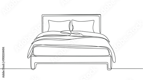 Minimalist line drawing of a bed with pillows and a simple headboard
