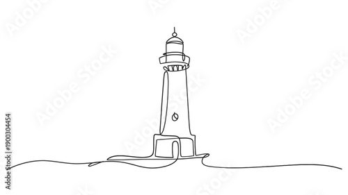 Minimalist line drawing of a lighthouse with a flowing wave base