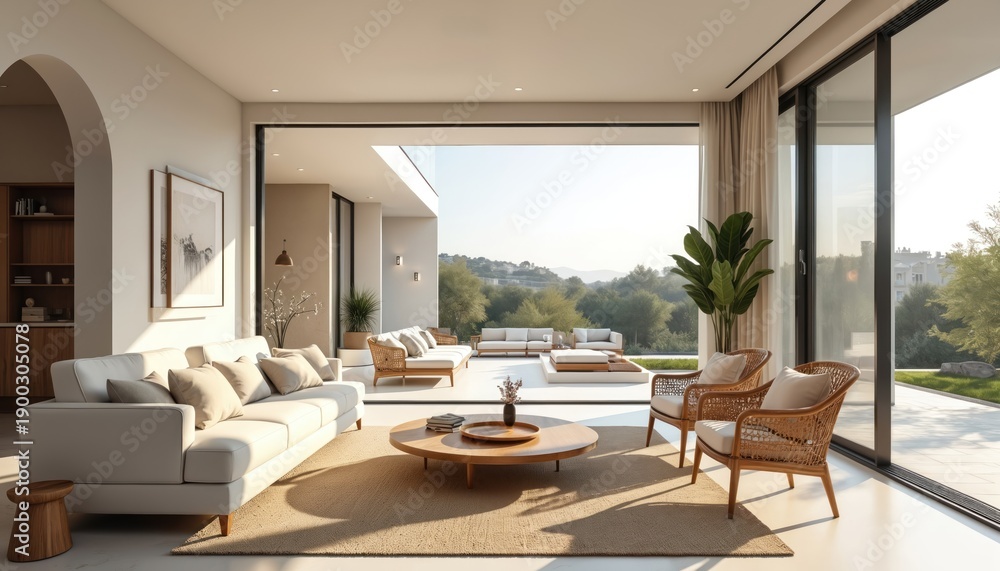 Naklejka premium Modern living room with open terrace overlooks green hills. Bright, airy space features comfortable sofas, rattan chairs, wooden furniture. Sunny day with natural light illuminates luxurious home