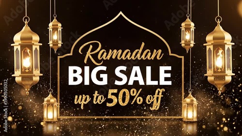 Wallpaper Mural Ramadan big sale up to 50 percent off text with hanging gold lanterns and glowing light particles on a dark background for festive shopping Torontodigital.ca