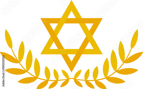 Golden Magen David with Decorative Leaf Branches, Stylized Clip Art