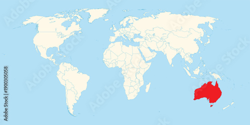Professional world map illustration indicating the massive territorial location of Australia across the southern hemisphere region