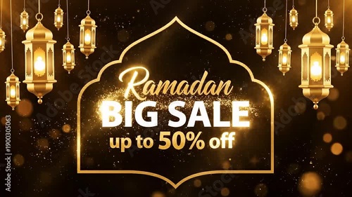 Wallpaper Mural Ramadan big sale up to 50 percent off gold lettering appearing with sparkling light trails and traditional hanging lanterns on black background Torontodigital.ca