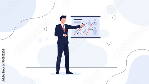 Businessman Presenting Data on Whiteboard with Network Diagram and People Icons
