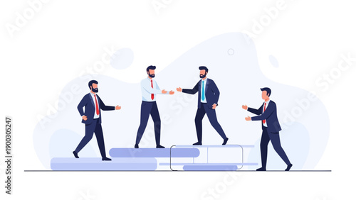 Businessmen shaking hands on steps, teamwork and partnership concept, flat design