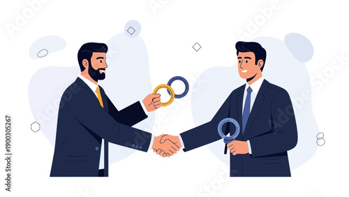 Businessmen shaking hands, exchanging rings, partnership concept illustration