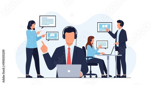 Customer Support Team with Headsets and Laptops, Business Communication Concept