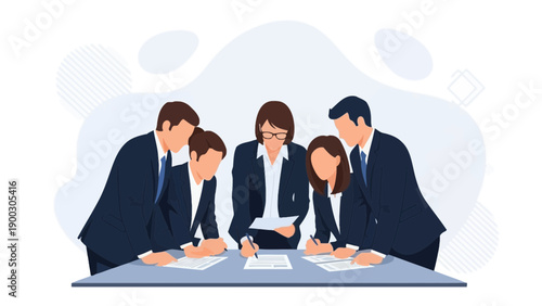 Diverse business team collaborating around a table, signing documents, illustration.