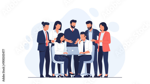 Diverse business team collaborating around laptop, strategic meeting, modern office illustration