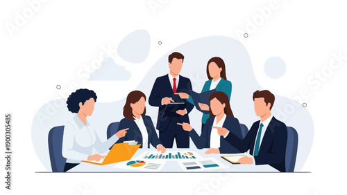 Diverse business team collaborating in a modern office meeting, discussing strategy.