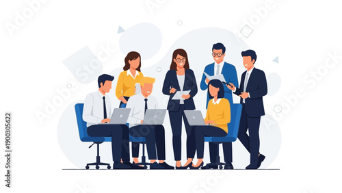 Diverse business team collaborating on a project, flat design illustration