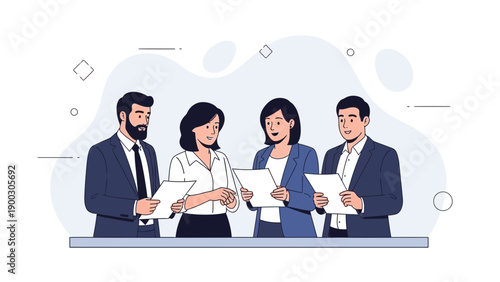 Diverse business team collaborating on documents, discussing strategy, teamwork concept