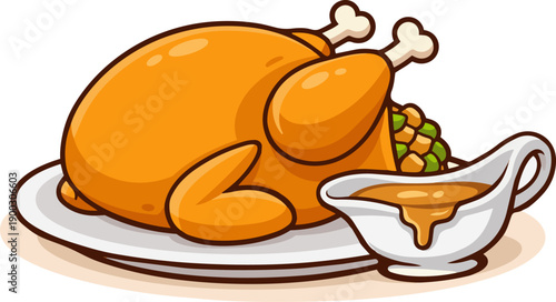 Cute kawaii roast turkey with gravy on plate vector illustration isolated on white background.