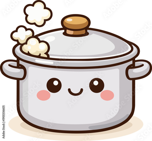 Cute kawaii cooking pot with lid and steam vector illustration isolated on white background.