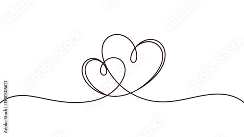 Intertwined hearts drawn with a single continuous line on white background