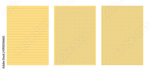 Set of three yellow paper note sheets with line, square, and grid patterns. Organizer texture notepad for school or office supply
