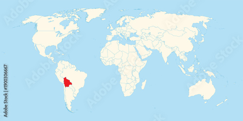 bolivia nation highlighted in red on world map for academic geography study and south american regional