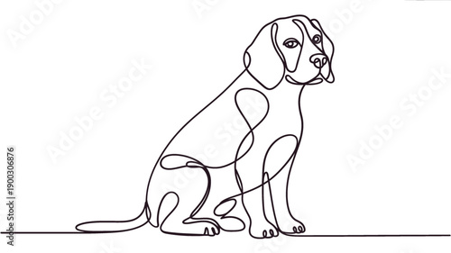 A continuous line drawing depicts a seated beagle with gentle features