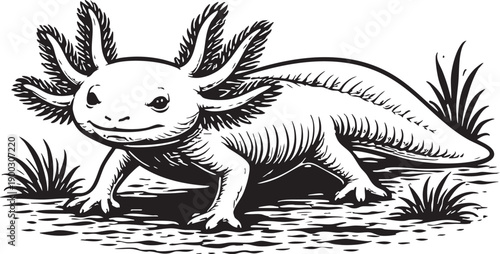 Axolotl Mexican Salamander Standing in Lake Environment Conservation Illustration for Eco Packaging