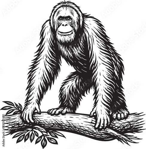 Sumatran Orangutan Climbing Tree in Rainforest Habitat Conservation Illustration for Environmental Branding