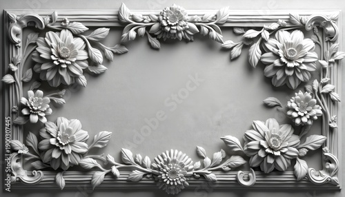 Ornate grey floral relief decor. Detailed 3D flowers and leaves on textured backdrop creating elegant vintage wall art. Suitable for home design projects.