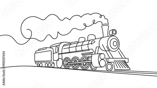 A continuous line drawing depicts a vintage steam locomotive in motion